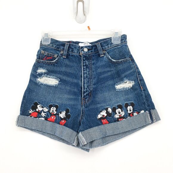 Moussy Disney Women 2 Mickey Mouse Shorts Distressed Denim Cuff Embroidered RARE